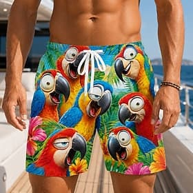 Men's Floral Coconut Tree Parrot Swim Trunks Bathing Suits Swim Shorts Board Shorts Mid Waist Hawaiian Daily Beach Vacation Wear Side Pockets Mesh Lining Elast