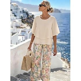Damen Hosen-Sets Kurzarm Halbarm Schmetterling Rundhals Blumen Grafik Elegant Urlaub Lässig Täglich Orange Grün Beige Frühling  Sommer Normale Passform Lässige