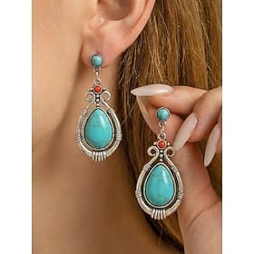Boucles d'oreilles bohèmes turquoise pour femme - boucles d'oreilles pendantes vintage en alliage en forme de larme avec gravures ethniques, parfaites pour les