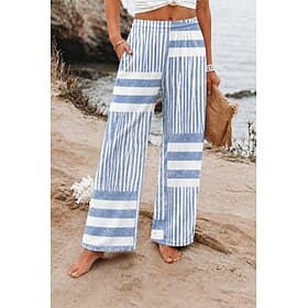 Calça chino feminina de perna larga com textura waffle, básica para férias, comprimento total, cintura média, estampa listrada, confortável, sem elasticidade,