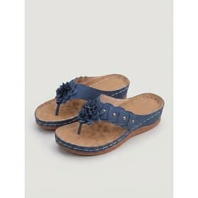 Women's Blue Comfort Wedge Sandals – Floral Slide Sandals with Cushioned Sole, Lightweight Supportive Summer Shoes for Travel, Daily Wear  Walking