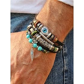 Men's Boho Leather Bracelet Set - Multi-Layer Stackable Wristband with Turquoise  Feather Charm, Adjustable Ethnic Braided Wrap for Summer Beach Vacation  Dail