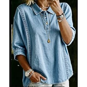 Women's Polo Shirts Blouse Lace Tops Plain Bohemia 3/4 Length Sleeve Lapel Regular Tops Light Blue White Pink Royal Blue Sky Blue Summer Spring