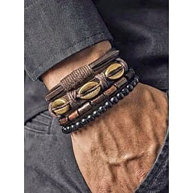 Men's Handmade Leather and Beaded Bracelet Set, Multi-Layer Vintage Style Wrist Jewelry, Adjustable Cord, Casual and Travel Accessories for Mature Men