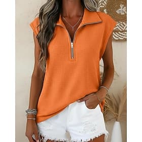 Women's Waffle T-shirt Summer Tops Plain Vintage Fashion Casual Sleeveless Polo Collar Long Tops Casual Daily Summer Black White Yellow Red Orange Summer Sprin