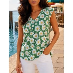 Women's Cold Shoulder Tops T Shirt Summer Tops Tank Floral Graphic Plants Elegant Vintage Fashion Sleeveless V Neck Long Tops Casual Light Green Red Dark Green