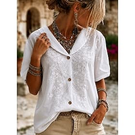 Women's Shirt Eyelet Top Lace Shirt Lace Elegant Bohemia Vacation Short Sleeve V Neck Long Tops Casual White Summer Spring