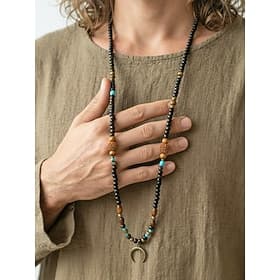 Men's Bohemian Alloy Wood Bead Long Necklace, Crescent Pendant Statement Jewelry for Beach Vacation, Summer Travel, Daily Casual Wear