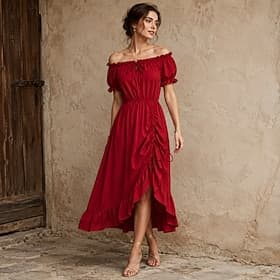 Retro Vintage Medieval Renaissance Asymmetrical Dress Short Sleeves Pirate Fairy Peasant Drawstring Solid Color Round Neck Fancy Dress Women's Pirate Fantasy H