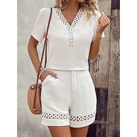 Femmes Ensembles de Shorts Manche Courte Col en V Couleur Unie Trou Mode Streetwear Occasionnel Quotidien Extérieur Noir Blanche Rose Claire Été Coupe régulièr