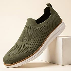 Men's Olive Knit Slip-On Sneakers Lightweight Breathable Comfort Walking Shoes Casual Low Top Footwear for Daily Wear, Travel, Commuting and Weekend Outings
