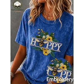 Women's 100% Cotton Boho T-shirt T Shirt Embroidered Animal Bohemia Short Sleeve Crew Neck Regular Tops Casual Blue Summer Spring