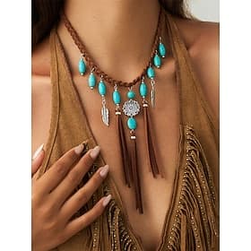 Women's Bohemian Alloy Turquoise Tassel Necklace, Statement Fringe Pendant Jewelry for Music Festival, Beach Vacation, Daily Casual Wear