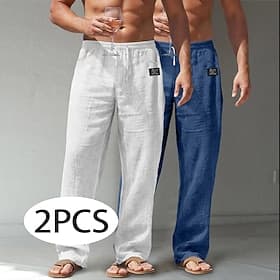 Men's Linen Pants Trousers Summer Pants Baggy Pants Beach Pants Embroidered Elastic Waist Straight Leg Plain Comfort Comfortable Full Length Casual Daily Outdo