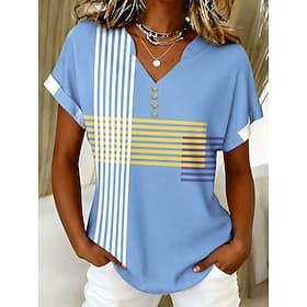 Women's T Shirt Graphic Geometric Color Block Stylish Casual Short Sleeve Henley Regular Tops Casual Daily Weekend Blue Summer Spring