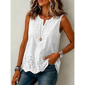 Music Festival Women's Eyelet Top Summer Tops Blouse Lace Tops Ruched Lace Patchwork Plain Elegant Vintage Classic Sleeveless V Neck Regular Tops Casual Daily