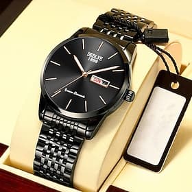 Men's Luxury Watch Black Stainless Steel Business Casual Wrist Watch with Day Date Display Minimalist Sunray Dial Waterproof Luminous Fashion Dress Watches for