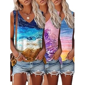 Women's Tank Top Print Graphic Abstract Stylish Basic Classic Sleeveless V Neck Crop Tops Casual Blue Light Purple Light Blue Summer Spring