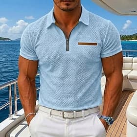 Men's Cooling Ice Silk Seersucker Polo Textured Casual Holiday Zip Short Sleeve Fashion Basic Solid Color Plain Pocket Color Block Spring  Summer Summer Tailor