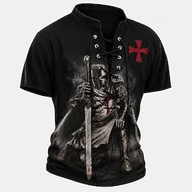 Men's Knights Templar Crusaders Cross Henley Shirt T shirt Tee Short Sleeve T shirt 3D Print Lace Up Neck Henley Shirt Religious Daily Festival Black Red Khaki thumbnail 2