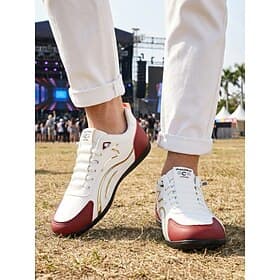 Men's White Red Music Festival Sneakers - Comfortable Lace Up Casual Shoes - Stylish Low Top Footwear for Concerts, Festival Outfits, Outdoor Parties and Every