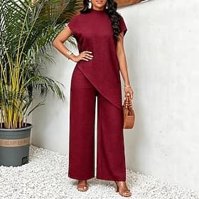 Women's Pants Sets Short Sleeve Solid Color Elegant Casual Wine Red Navy Blue Light Brown Summer Loose Fit
