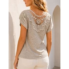 Women's T Shirt Lace Solid Color Vintage Stylish Basic Short Sleeve V Neck Regular Tops Casual Daily Black Green Beige Summer Spring