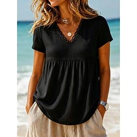 Women's Cotton Linen Shirts Lace Splicing Top Ruffle Patchwork Lace Trim Solid Color Plain Vintage Short Sleeve V Neck Regular Tops Casual Black White Summer S