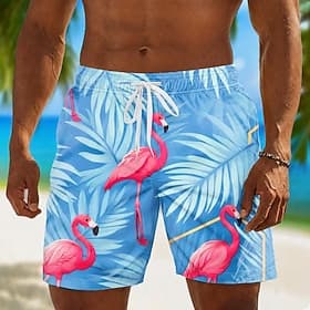Men's Flamingo Coconut Tree Swim Trunks Bathing Suits Swim Shorts Board Shorts Mid Waist Hawaiian Daily Beach Vacation Wear Side Pockets Mesh Lining Elastic Dr