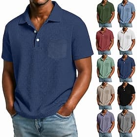 Men's Golf Shirt Waffle Knit Polo Shirt Casual Business Classic Short Sleeve Fashion Modern Solid Color Plain Buttons Summer Spring All Seasons Regular Fit Whi