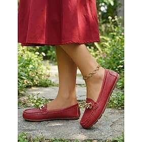 Women's Red Loafers with Gold Chain Buckle - Comfortable Slip-On Moccasins, Casual Round Toe Flat Shoes for Office, Daily  Business Casual Wear
