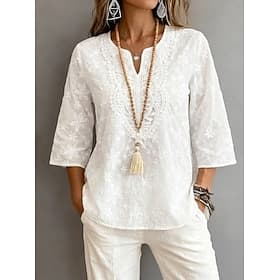 Women's Blouse Lace Tops Lace Embroidered Floral Plain Stylish Modern Half Sleeve V Neck Regular Tops Daily Holiday Summer White Summer Spring