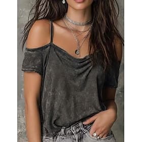 Women's T Shirt Cotton Shirt Tee Top Ruched Acid Wash Vintage Washed Plain Vintage Fashion Stylish Short Sleeve V Neck Regular Tops Casual Daily Going out Dark