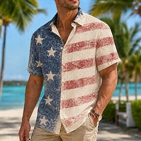 4 de julho de 2026 250º Homens Bandeira americana Camisa Social camisa de verão Manga Curta Patriótico Diário Streetwear Verão Primavera Aberto para a Lateral