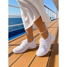 Women's White Breathable Mesh Sneakers – Lightweight Lace-Up Design Casual Shoes, Comfortable Walking Shoes for Cruise, Beach Vacation  Everyday Wear