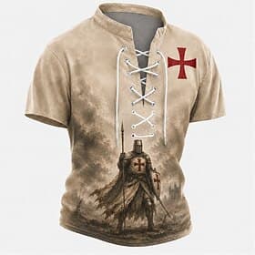 Men's Knights Templar Crusaders Cross Henley Shirt T shirt Tee Short Sleeve T shirt 3D Print Lace Up Neck Henley Shirt Religious Daily Festival Black Red Khaki