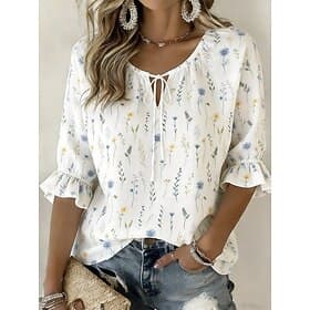 Dames Overhemd Blouse Trekkoord strik voorkant Afdrukken Bloemig Grafisch Vintage Dagelijks Stijlvol Halve mouw Strakke ronde hals Lange tops Casual Dagelijks thumbnail 2