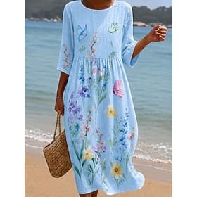 Women's Midi Dress Sundress Summer Dress Vacation Casual Beach Beach Holiday Loose Fit Floral Graphic 3/4 Length Sleeve Crew Neck Blue White Pink Green Summer