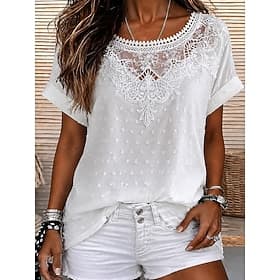 Mujer Camisa camisa boho Camisa de encaje Encaje Elegante Bohemia Vacaciones Manga Corta Tops largos Casual Blanco Azul Marino Naranja Verano Primavera
