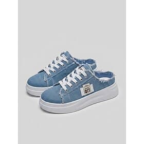 Women's Blue Denim Platform Mule Sneakers - Frayed Edge Lace-Up Slip-On Shoes with White Sole, Casual Backless Comfort Footwear for Summer Travel, Walking Dai