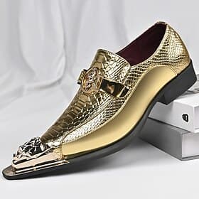 Men's Gold Croc-Embossed Loafers Slip-On Luxury Dress Shoes Metal Cap Toe Statement Footwear for Stylish Men, Weddings, Banquets, Parties, Prom and Stage Perfo