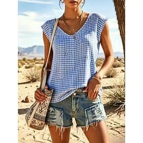 Women's Cold Shoulder Tops T Shirt Summer Tops Tank Graphic Striped Geometry Elegant Vintage Fashion Sleeveless V Neck Regular Tops Casual Blue Light Purple Li