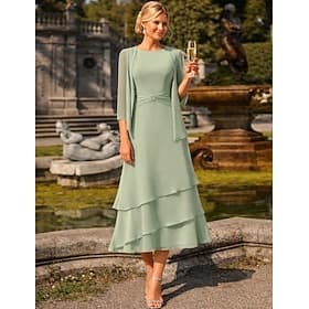Two Piece Sheath Column Tea Length Wedding Guest Dress Mother of the Bride Dress 3/4 Length Sleeve Crew Neck Jewel Neck Elegant Wedding Guest Chiffon Wrap Incl
