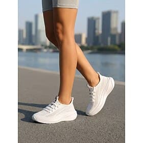 Women's White Breathable Knit Running Shoes - Lightweight Athletic Sneakers with with Shock Absorption EVA Sole for Walking, Gym, Jogging  All-Day Wear