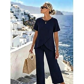 Women's T Shirt Pants Sets Bolero Short Sleeve Crew Neck Solid Color Fashion Streetwear Casual Daily Outdoor Almond Wine Navy Blue Summer Loose Fit