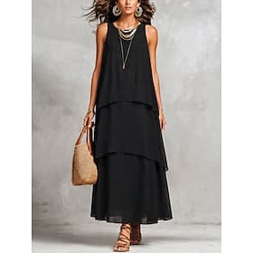Per donna Abito maxi Vestito Estivo Vestito Casual Vacanza Casual Boho Spiaggia Feste Data Vestibilità comoda Semplice Senza Maniche Girocollo Nero Estate Prim