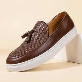 Men's Woven Leather Loafers, Slip-On Casual Dress Shoes, Lightweight Comfortable Shoes for Office, Travel, Daily Wear