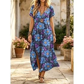 Women's Midi Dress Shift Dress Casual Loose Fit Floral Graphic Short Sleeve V Neck Blue Green Dark Blue Summer Spring