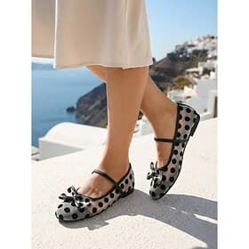 Women's Mesh Polka Dot Flat Shoes - Breathable Mary Jane Flats with Bow Detail  Ankle Strap for Island Vacations, Mediterranean Cruise Travel  Summer Sightseei