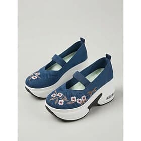 Women's Blue Floral Embroidered Mary Jane Wedge Sneakers - Breathable Knit Air Cushion Platform Shoes for Travel, Casual Outings  All-Day Wear